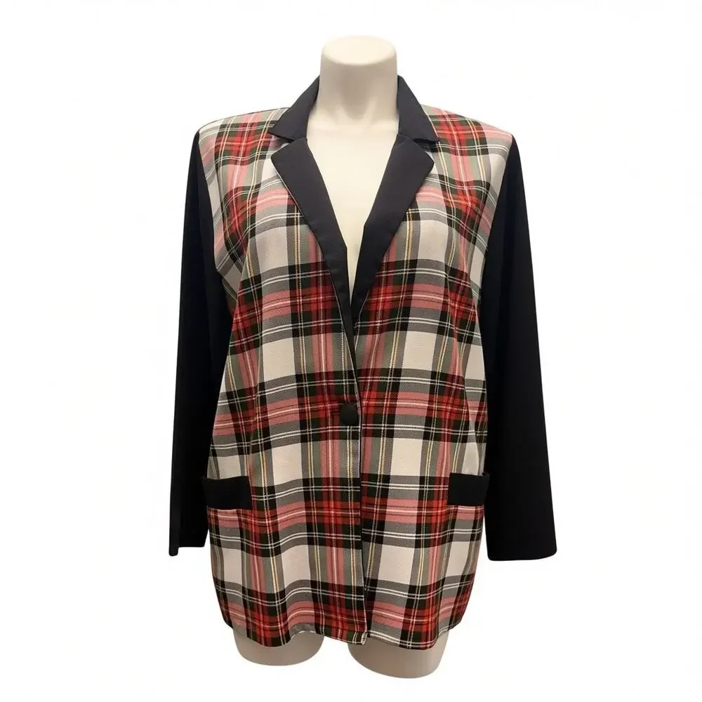 Vintage Christmas Plaid Blazer Tartan Holiday 90s Preppy Academia Jacket 16/18